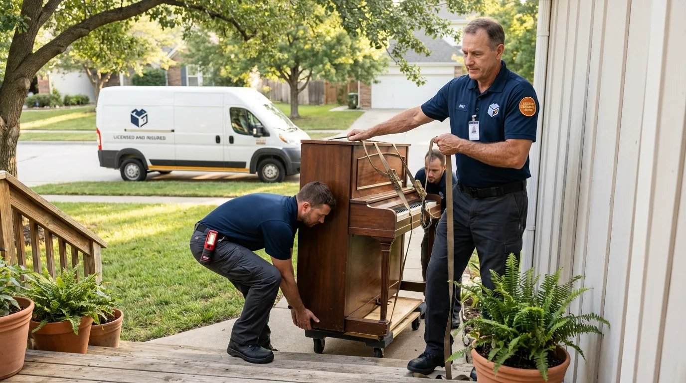 Licensed piano movers securing grand piano in Chamberlain, SD