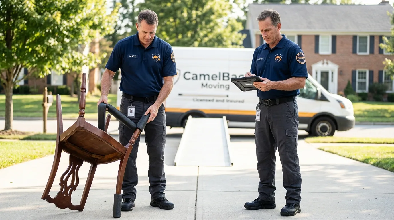 Movers inspecting furniture for damage prevention before loading in Chamberlain, SD