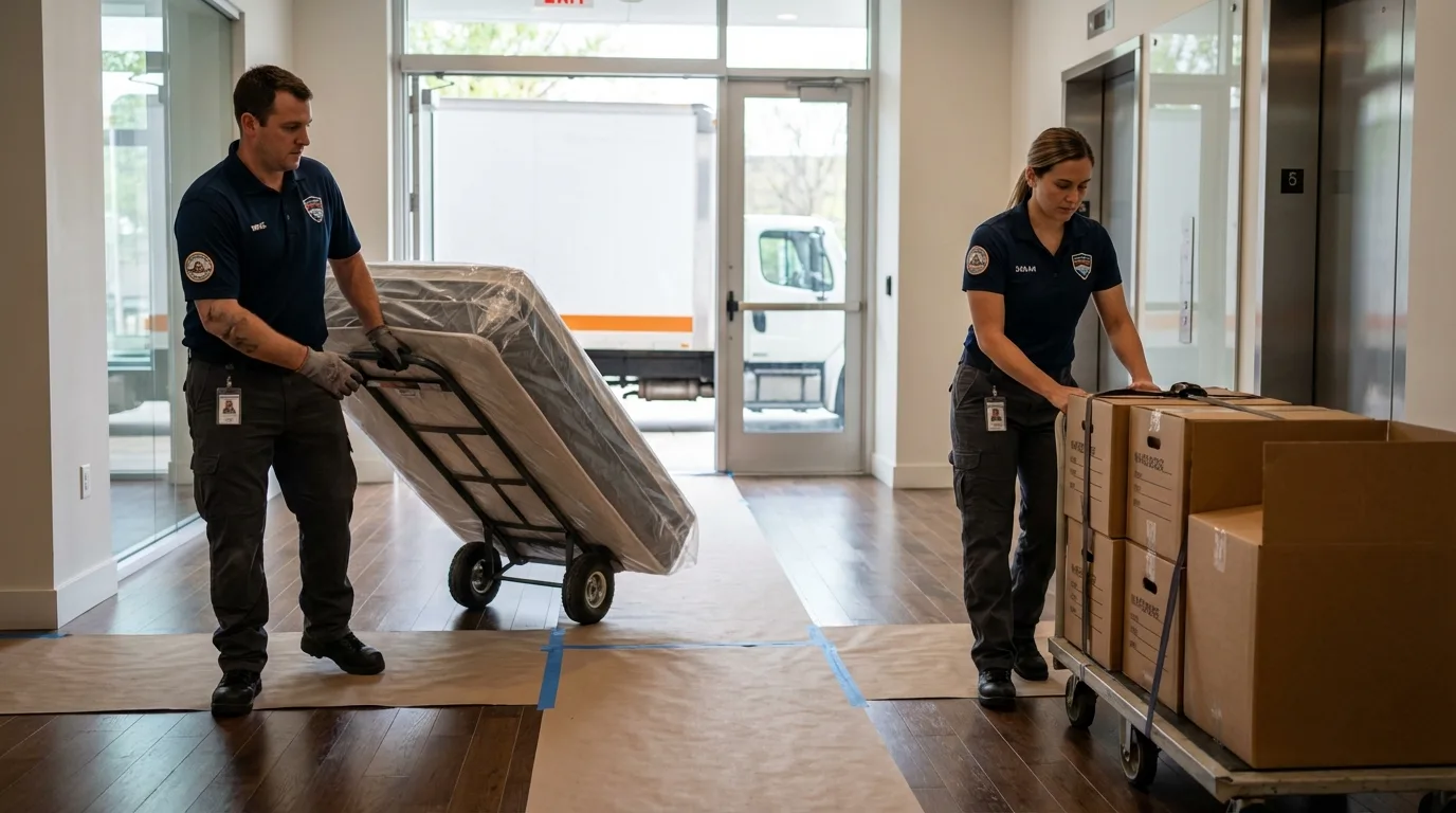 Professional apartment movers loading elevator in Chamberlain, SD