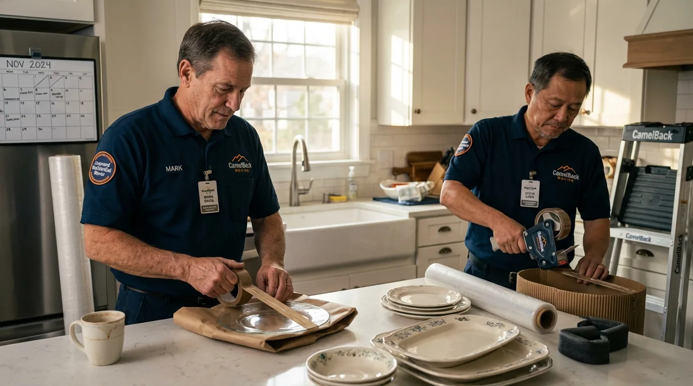 Professional crew packing kitchen dishware in Chamberlain, SD
